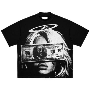 Angel Money Oversized Graphic T-Shirt – Y2K Streetwear Black Tee