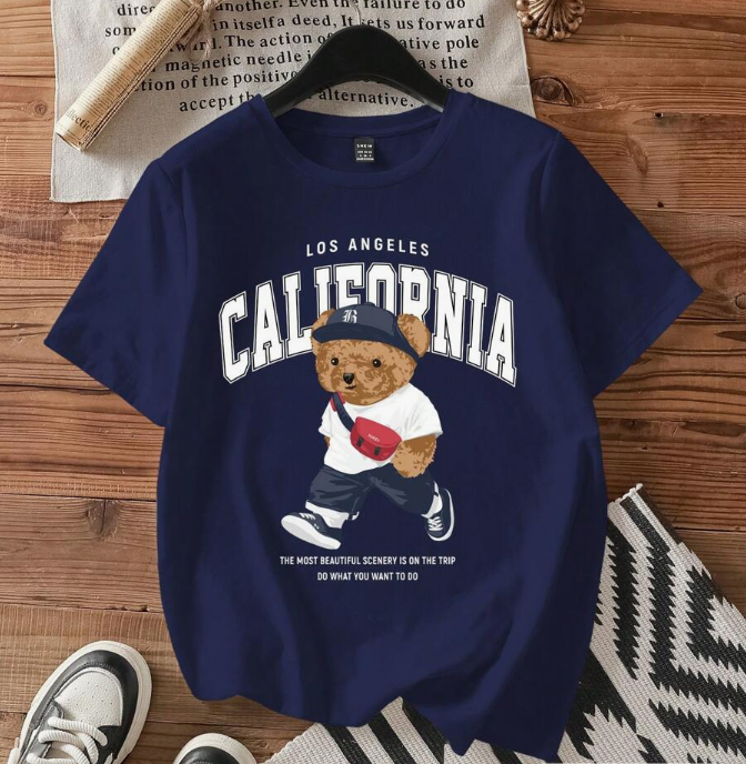 Casual Fitted Bear Graphic Crew Neck Short Sleeve Women T-Shirt, Suitable For Summer Back To School