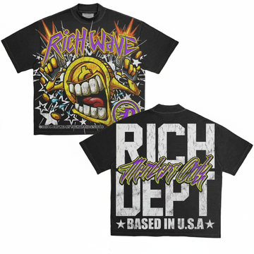 Y2K Graphic "RICH DEPT.RICH WAVE" Personalize Printed Tshirt Casual Cotton Crewneck Sleeve Top Womenswear