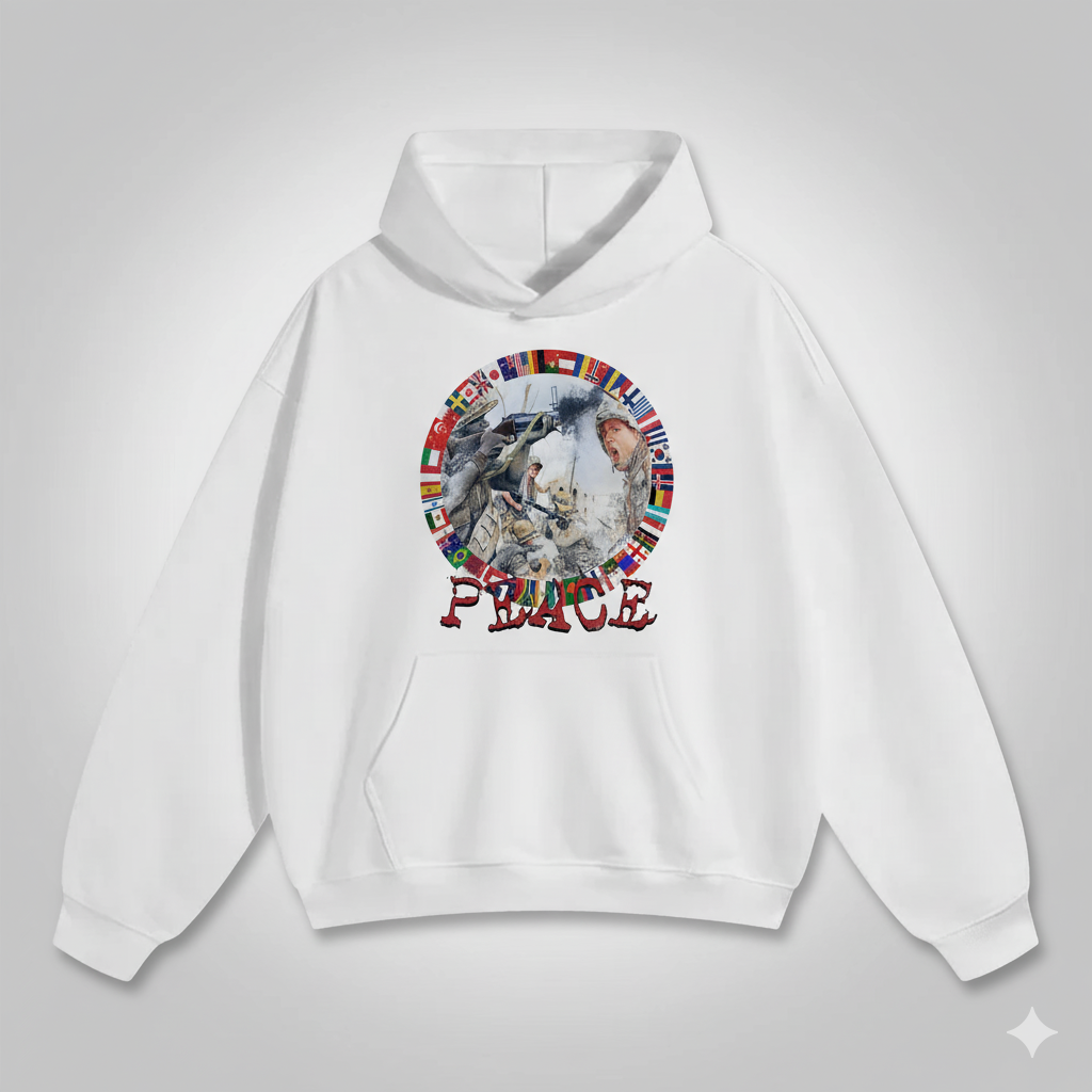 Fashion Peace In War Print Graphic Loose Hoodie