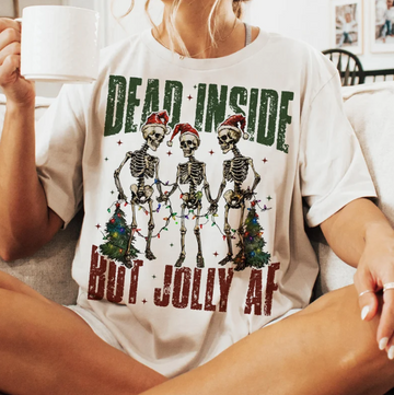 Dead Inside But Jolly AF Christmas T-Shirt – Funny Skeleton Holiday Graphic Tee with Santa Hats & Lights