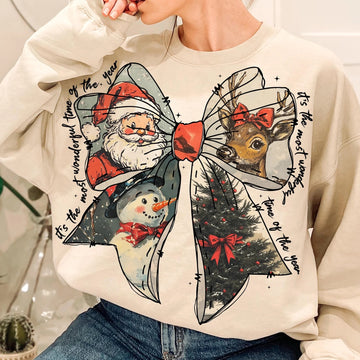 Vintage Christmas Bow Sweatshirt – Retro Holiday Graphic Pullover with Santa, Reindeer, Snowman & Tree