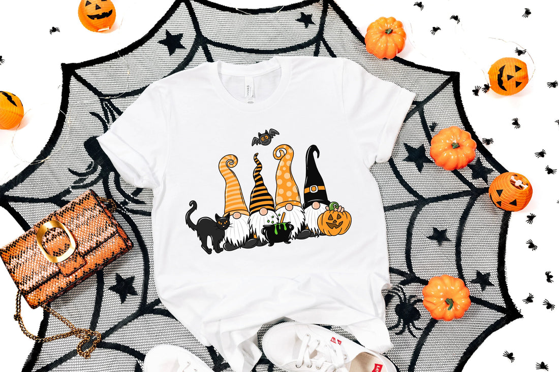 Halloween Gnome T-Shirt – Cute Pumpkin & Black Cat Graphic Tee
