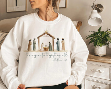 Christian Christmas Nativity Sweatshirt – The Greatest Gift of All, Matthew 1:21 Bible Verse Pullover