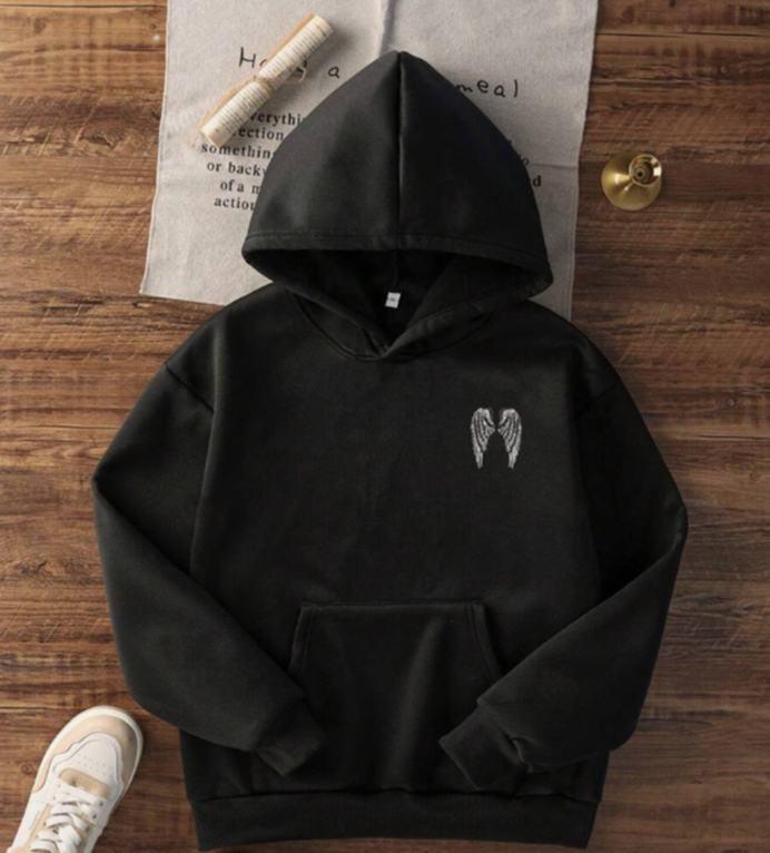 Black Angel Wings Rhinestone Hoodie – Women’s Casual Loose Fit Fleece Pullover