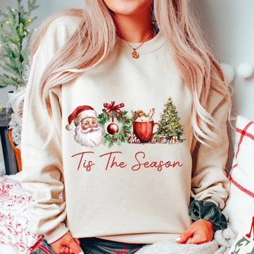 Tis The Season Christmas Sweatshirt – Festive Holiday Pullover with Santa, Gifts & Christmas Tree Graphic