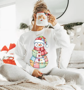 Cute Snowman Christmas Sweatshirt – Colorful Patchwork Holiday Pullover with Festive Lights