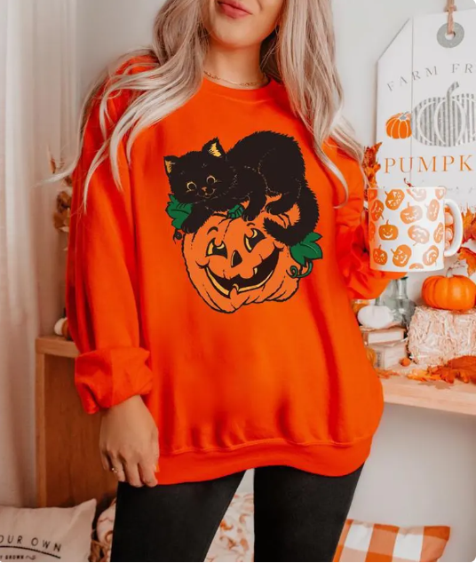 Black Cat Pumpkin Halloween Sweatshirt – Cozy Fall Pullover for Women and Men