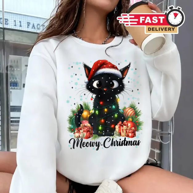 Meowy Christmas Cat Sweatshirt – Cute Holiday Pullover for Cat Lovers