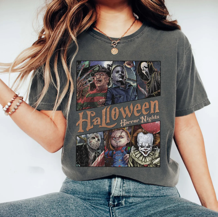 Halloween Horror Nights Villains Graphic Tee – Scary Movie Characters T-Shirt for Women & Men