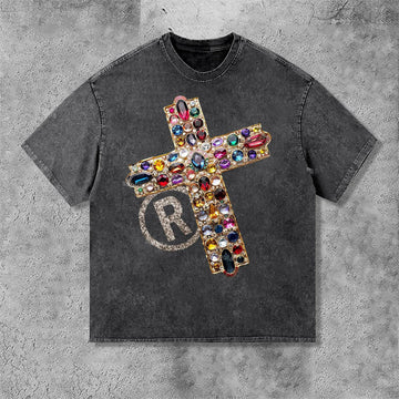Vintage Graphic"Diamond Cross" Tops Wash Tshirt streetwear, Y2K style Casual Cotton Classic Crewneck DesignTees