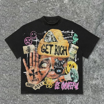 “Get Rich Abstract Portrait ” – Unisex Y2K Graphic Tee | Kids & Adult Sizes | 100% Cotton | Harajuku Streetwear
