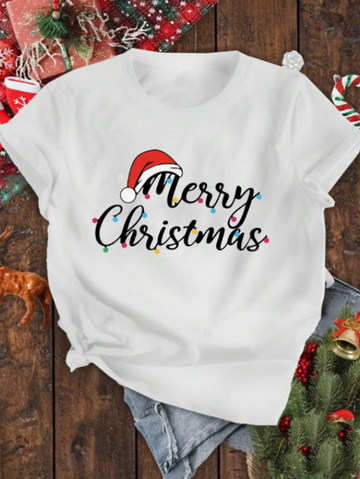 Casual Loose Merry Christmas Print & Santa Hat Graphic White Crew Neck Short Sleeve T-Shirt For Women, Summer Pullover