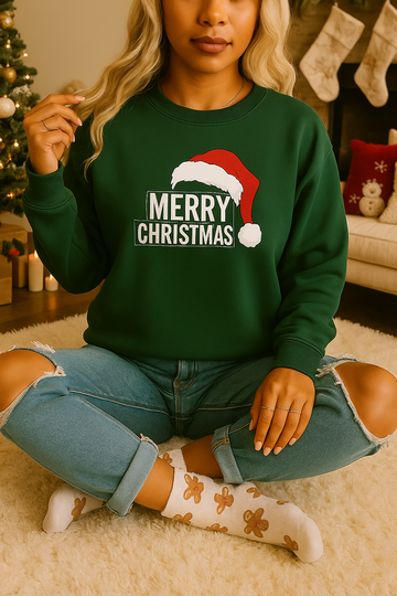 Black Merry Christmas Sweatshirt – Festive Santa Hat Pullover for Family