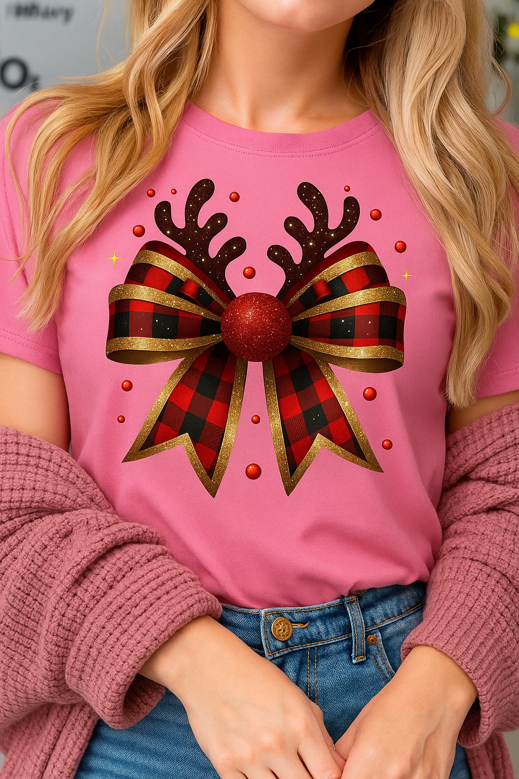 Buffalo Plaid Bow Christmas T-Shirt – Festive Holiday Graphic Tee for Women