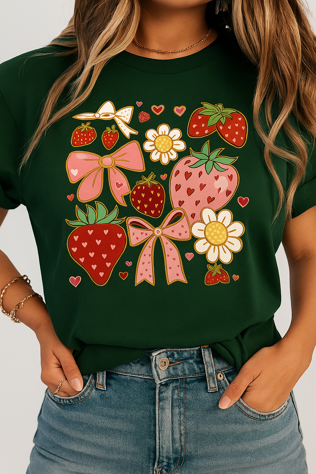 Strawberry & Bows T-Shirt – Cute Aesthetic Pink Graphic Tee for Women