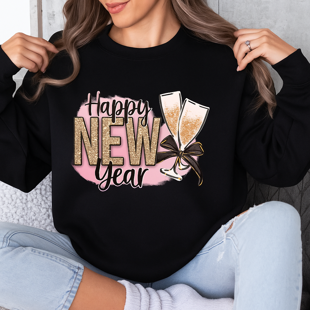 Happy New Year Glitter Champagne Sweatshirt – Festive Sparkle Pullover for Women and Men