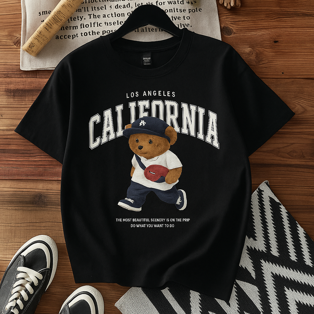 Casual Fitted Bear Graphic Crew Neck Short Sleeve Women T-Shirt, Suitable For Summer Back To School