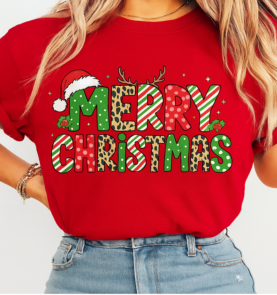 Merry Christmas T-Shirt – Festive Holiday Graphic Tee with Santa Hat, Lights & Leopard Print Letters