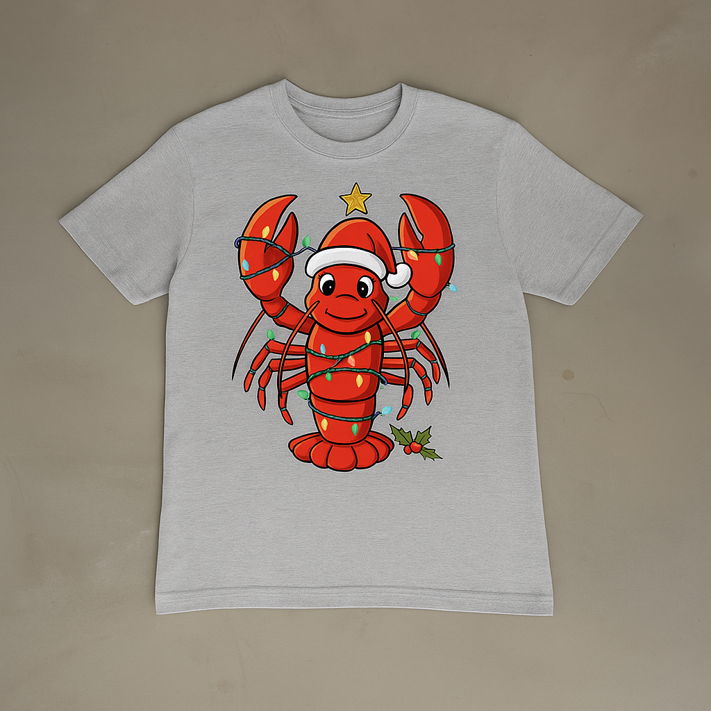 Christmas Lobster T-Shirt – Funny Holiday Lights Santa Hat Graphic Tee
