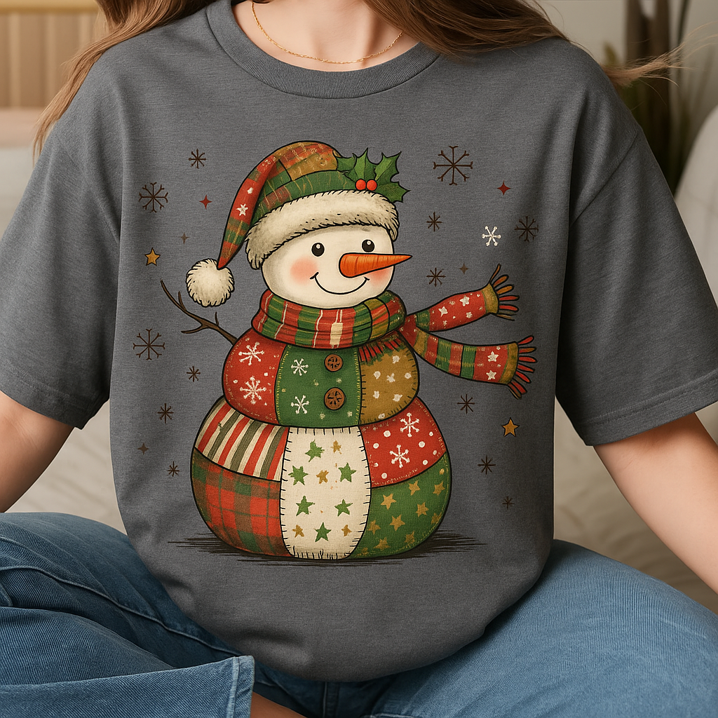 Patchwork Snowman Christmas T-Shirt – Cute Holiday Winter Graphic Tee