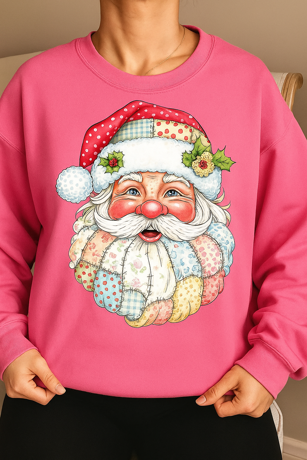 Santa Claus Christmas Sweatshirt – Cute Patchwork Holiday Pullover with Vintage Santa Graphic