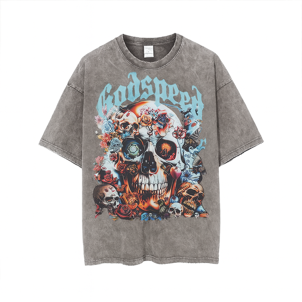 Vintage Washed Black Light Apricot Tee Tops Men Women Skeleton Print T-Shirt 100% Cotton T Shirt