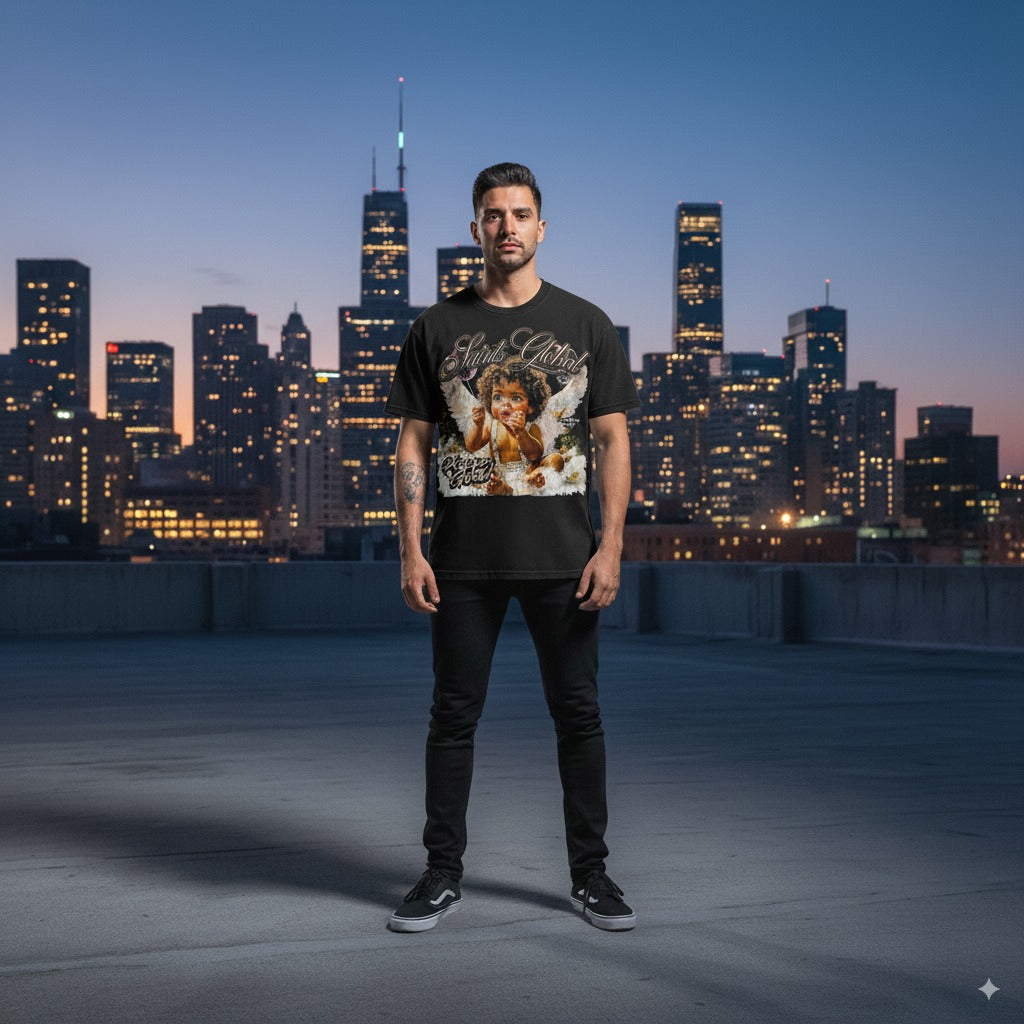 Y2K Streetwear Classic Fit Graphic T-Shirt – Saint Angel Print for Men