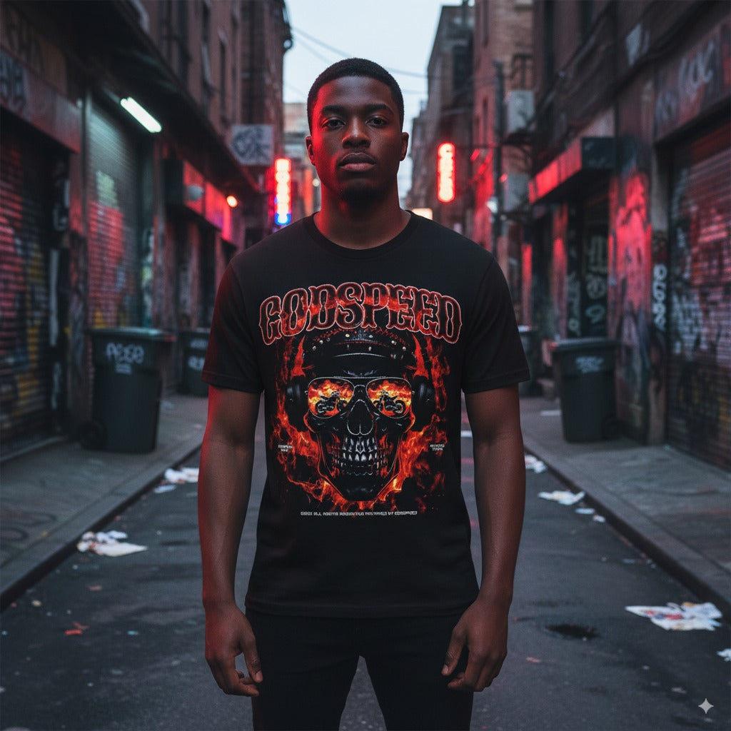 Y2K Streetwear Classic Fit Graphic T-Shirt – Godspeed Skull Flame Print
