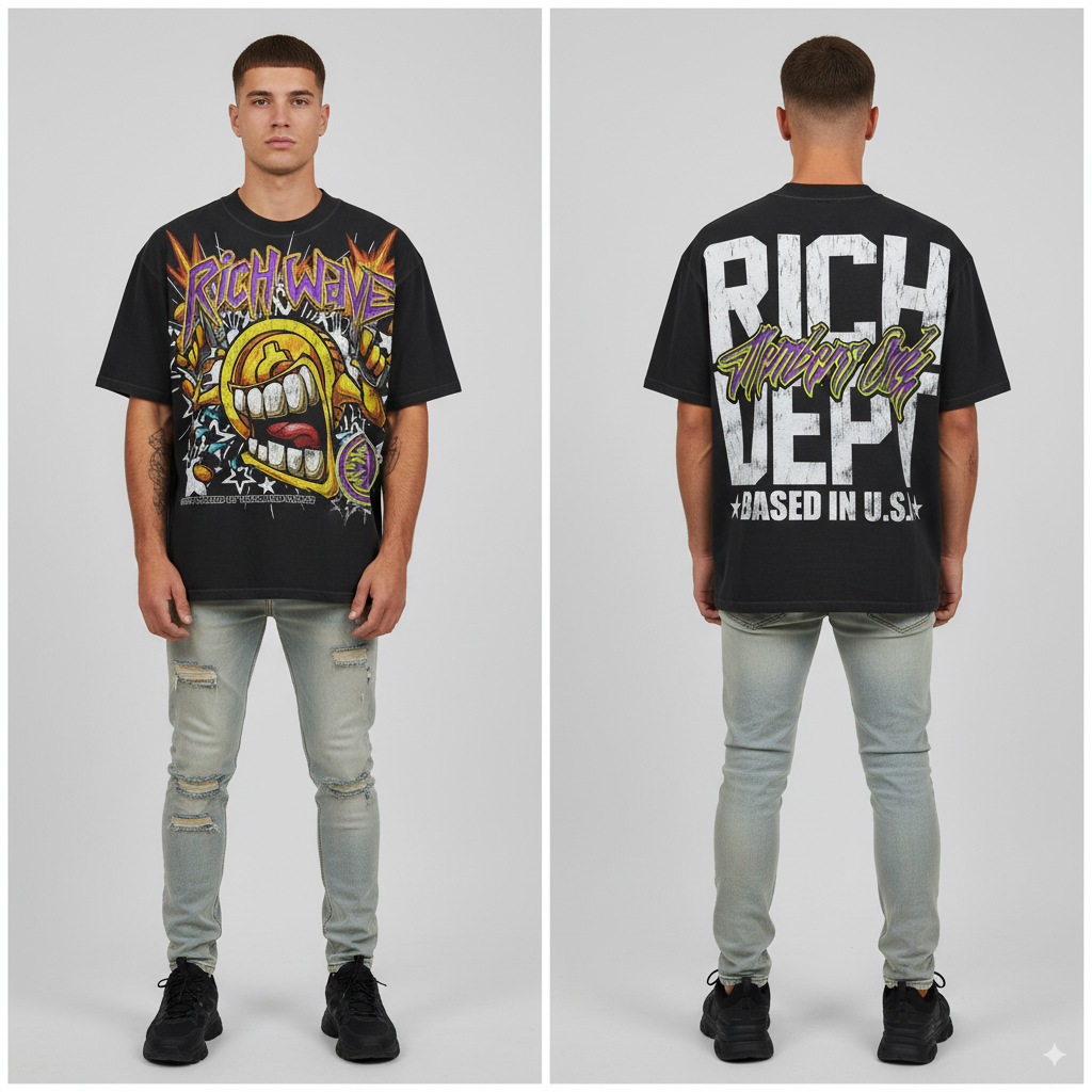 Y2K Graphic "RICH DEPT.RICH WAVE" Personalize Printed Tshirt Casual Cotton Crewneck Sleeve Top Womenswear