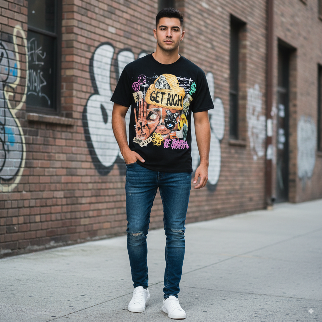 “Get Rich Abstract Portrait ” – Unisex Y2K Graphic Tee | Kids & Adult Sizes | 100% Cotton | Harajuku Streetwear