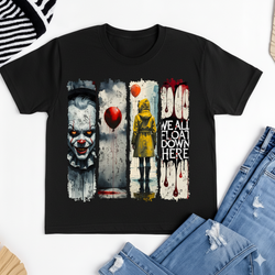 We All Float Down Here T-Shirt, Horror inspired Shirt Design, Georgie Red Balloon Sublimation, Halloween Movie Shirt– Unisex Y2K Style Kids & Adult Sizes