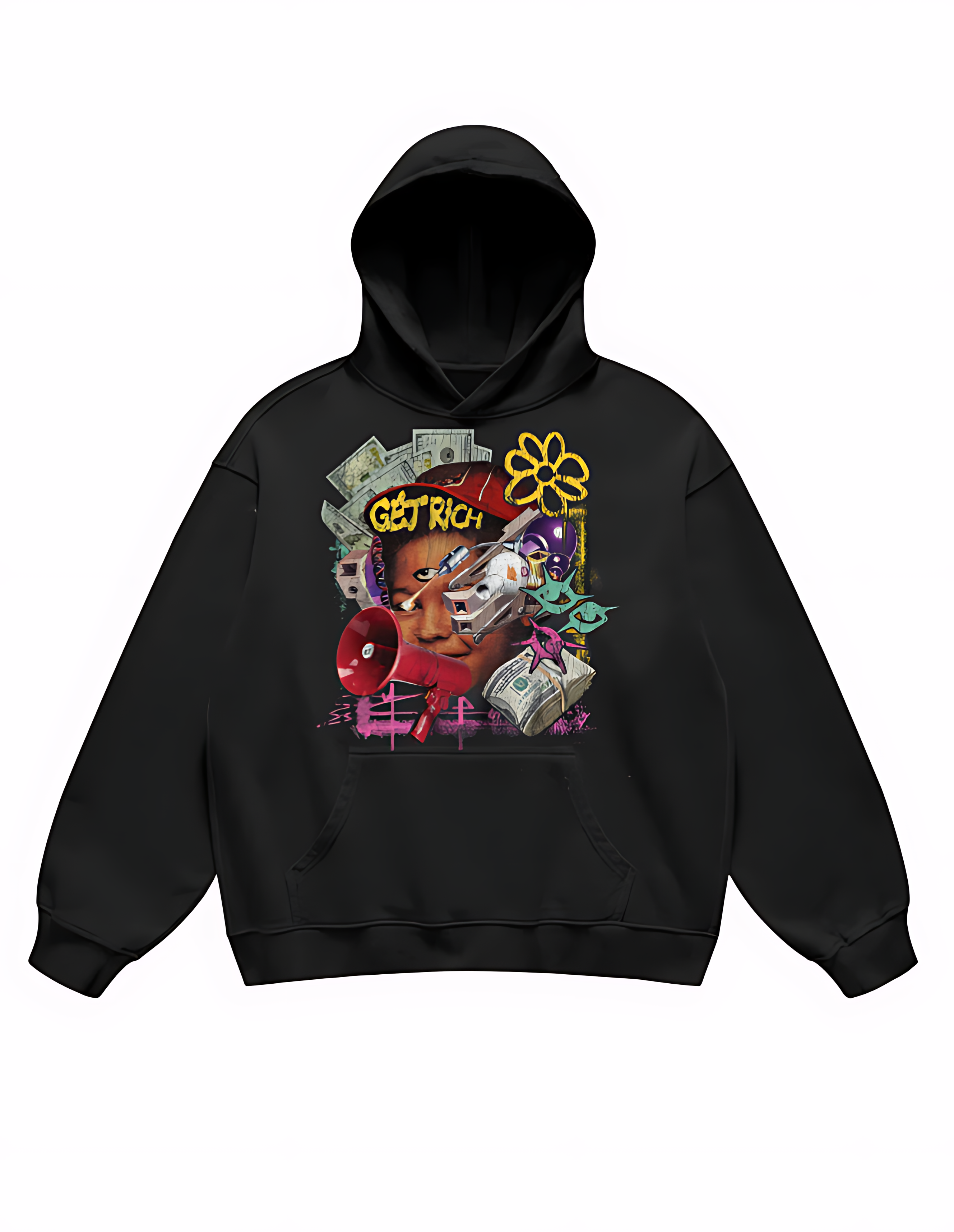 Get Rich Boy Graffiti Hoodie – Colorful Streetwear Black Unisex Pullover