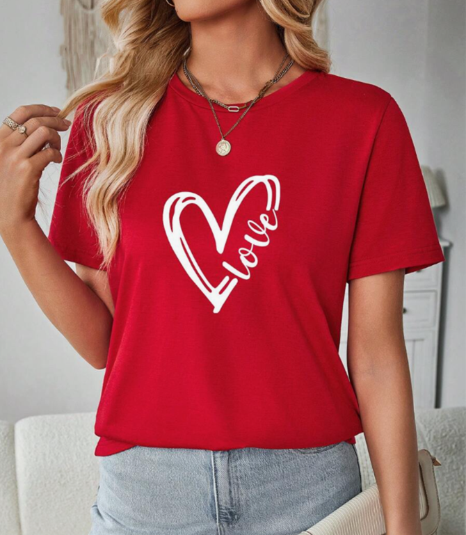 Heart Letter Combination Graphic Casual Loose Fit Crew Neck Short Sleeve Women T-Shirt