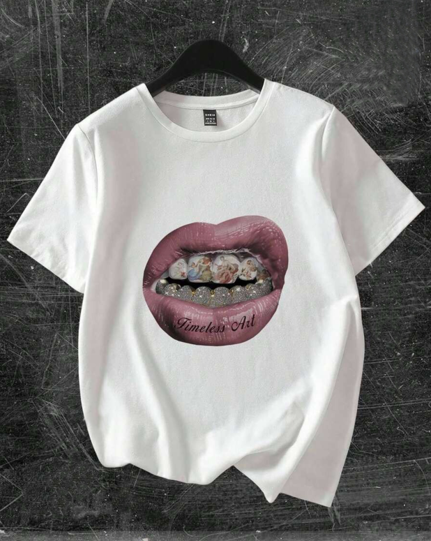 Timeless Art Lips Graphic Tee – Diamond Grill & Angel Print Black Unisex T-Shirt