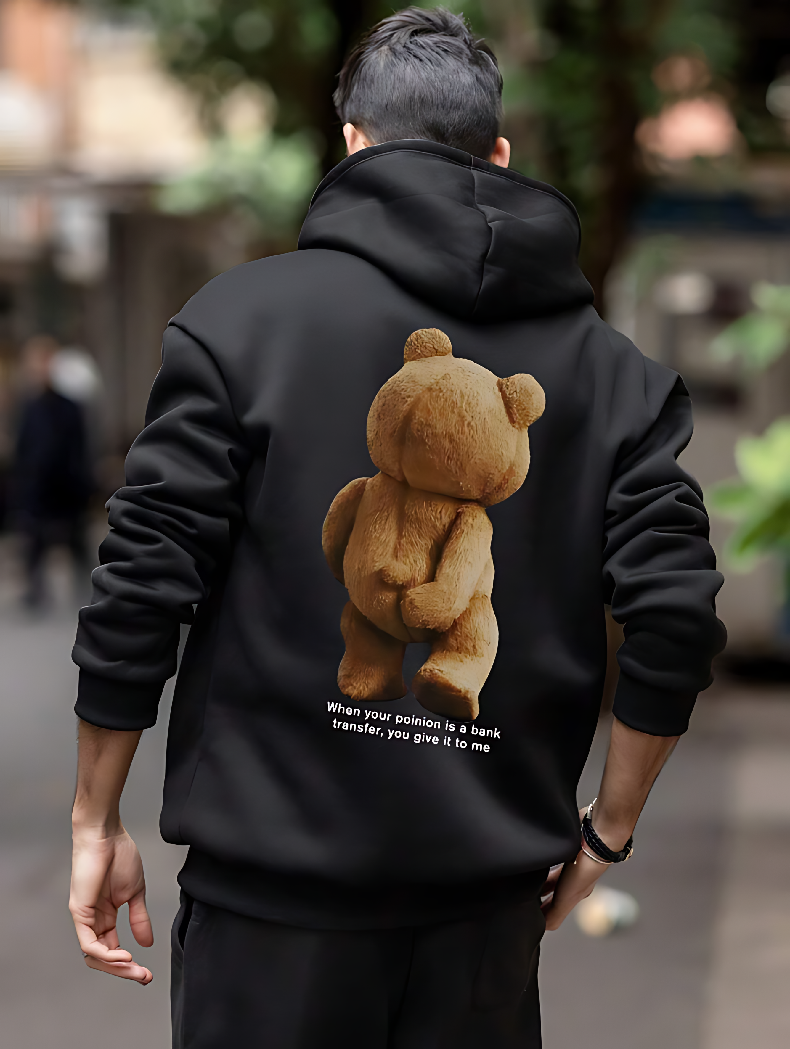 3D Teddy Bear Print Hoodie – Oversized Black Unisex Streetwear Hoodie
