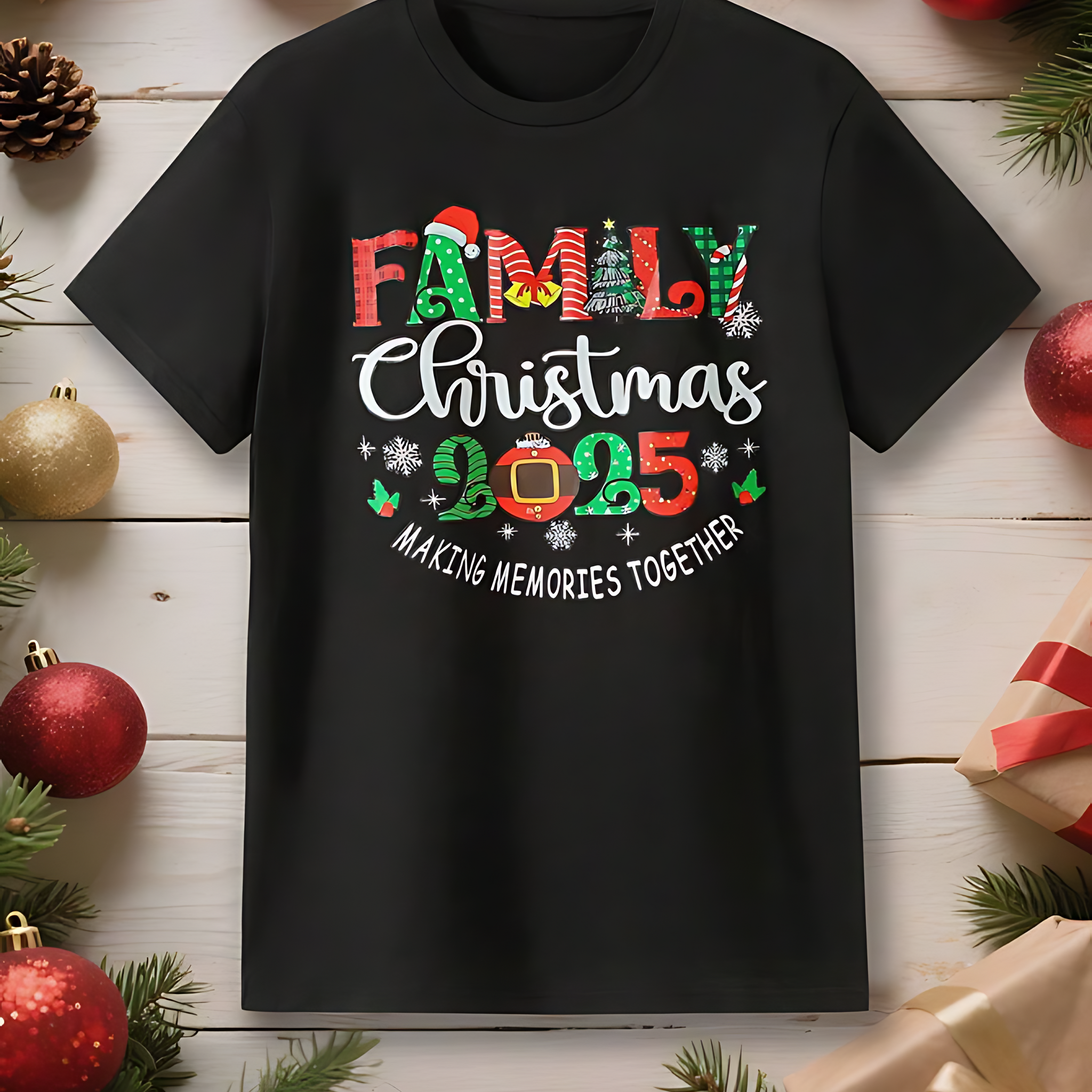 Men's Casual Comfortable 2025 Christmas Lights Letter Print Short Sleeve Crew Neck T-Shirt