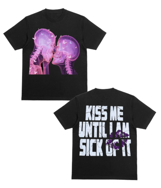 Men's Skeleton Kiss Graphic T-Shirt – "Kiss Me Until I Am Sick of It" Oversized Streetwear Tee