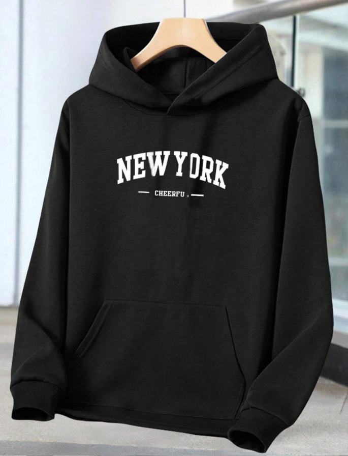 New York Hoodie – Casual Letter Graphic Pullover with Pocket, Unisex Streetwear