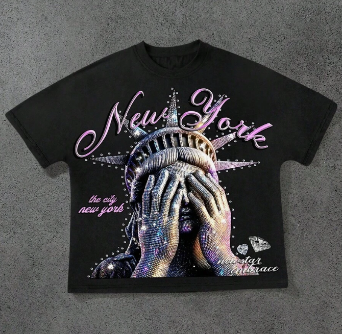 New York Statue of Liberty Graphic Tee – Rhinestone Effect Oversized Streetwear T-Shirt