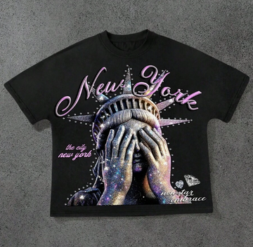New York Statue of Liberty Graphic Tee – Rhinestone Effect Oversized Streetwear T-Shirt
