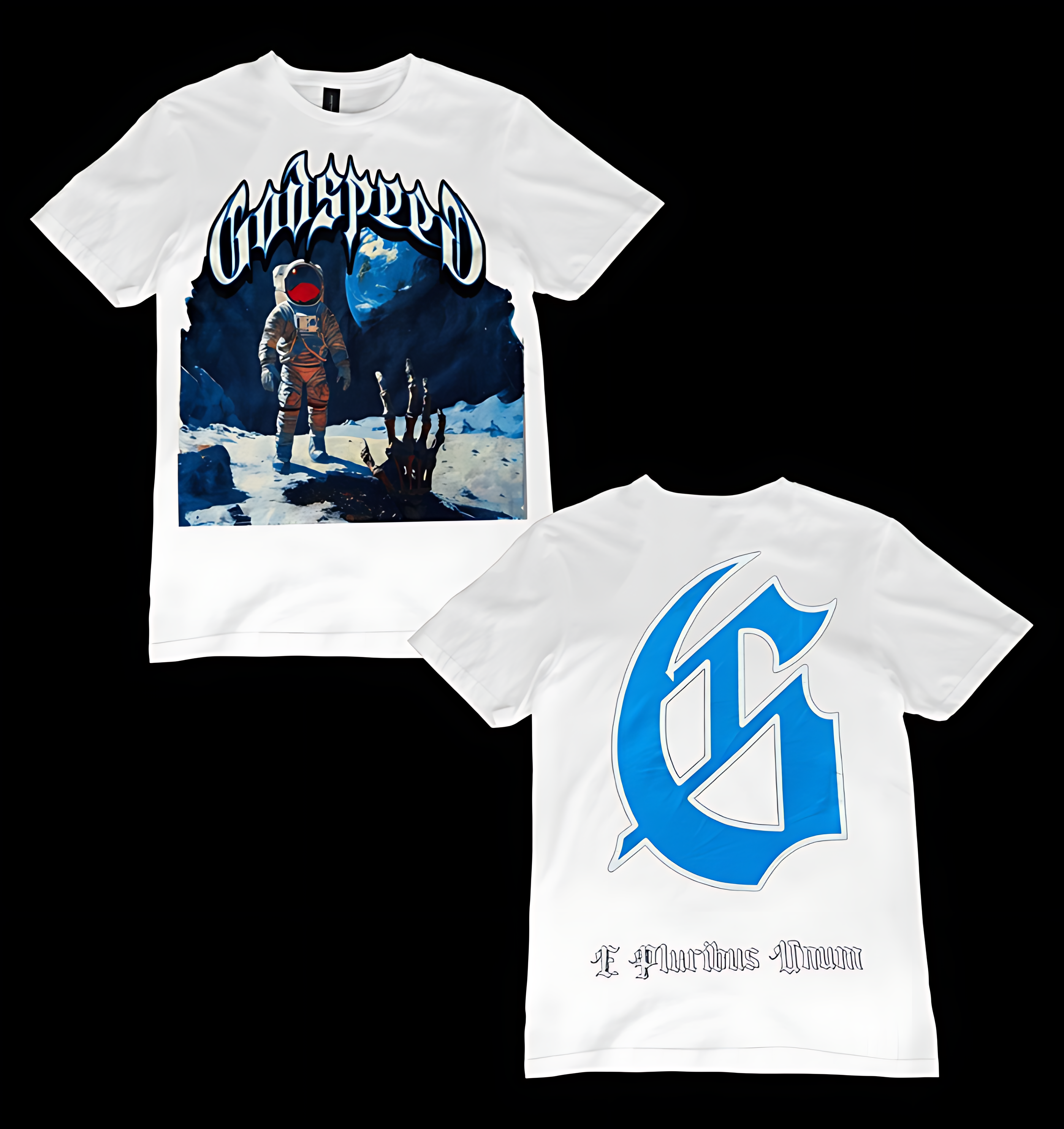 Godspeed Astronaut Skeleton Hand Graphic Tee – White Cosmic Streetwear Oversized T-Shirt