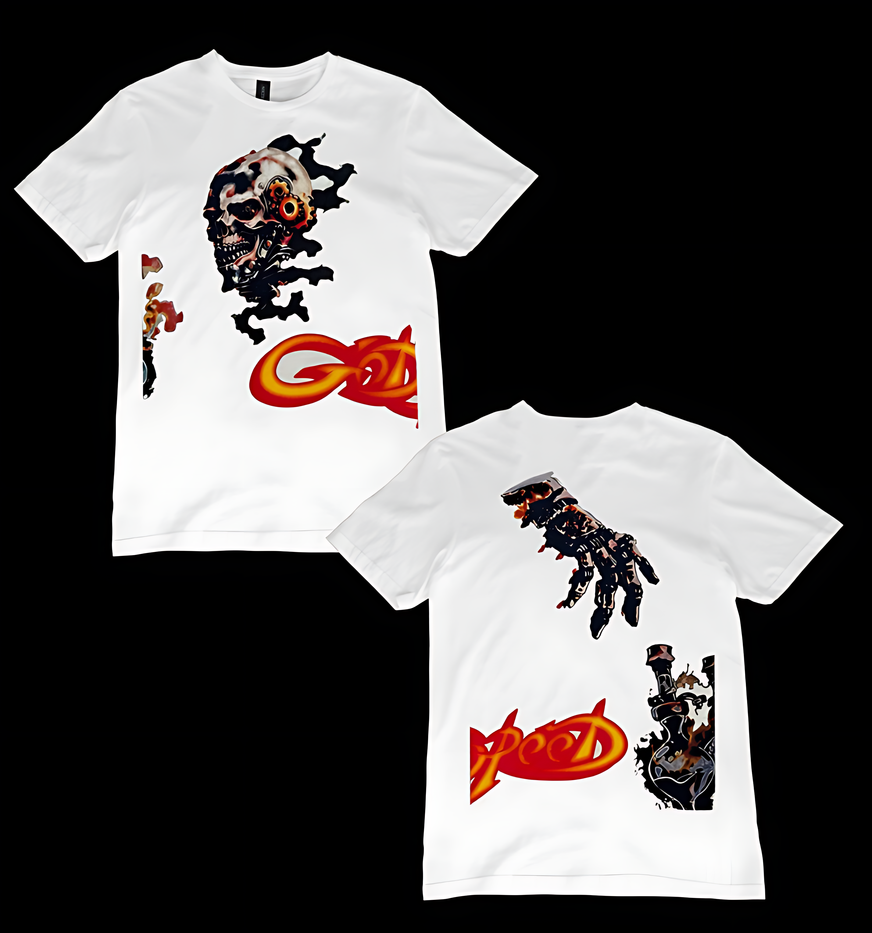 Godspeed Mechanical Skull Graphic Tee – White Cyberpunk Streetwear Cotton T-Shirt