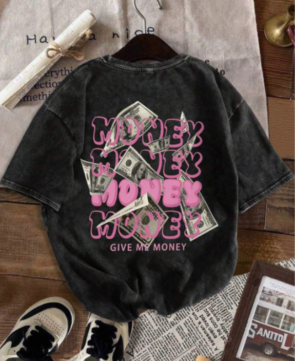 Summer Women's Fun Print Hip-Hop Money Letters Personalized Pattern Print Street, Washed T-Shirt