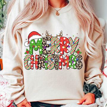 Merry Christmas Sweatshirt – Festive Holiday Pullover with Santa Hat, Candy Cane & Leopard Print Letters