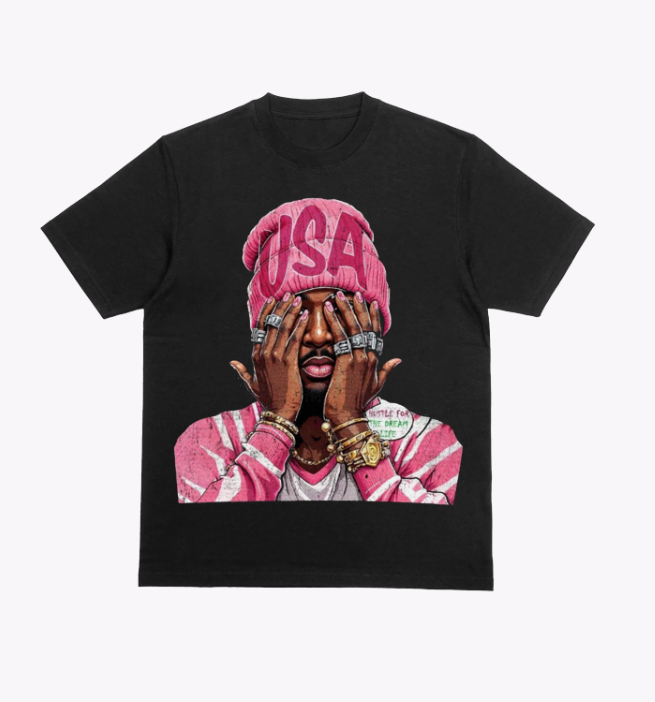 USA Pink Beanie Portrait Graphic Tee – Black classic Streetwear Hip-Hop T-Shirt
