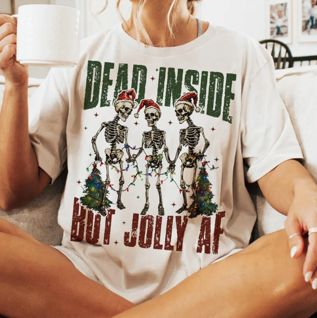 Dead Inside But Jolly AF Christmas T-Shirt – Funny Skeleton Holiday Graphic Tee with Santa Hats & Lights