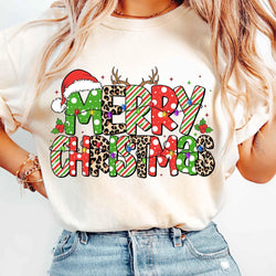 Merry Christmas T-Shirt – Festive Holiday Graphic Tee with Santa Hat, Lights & Leopard Print Letters