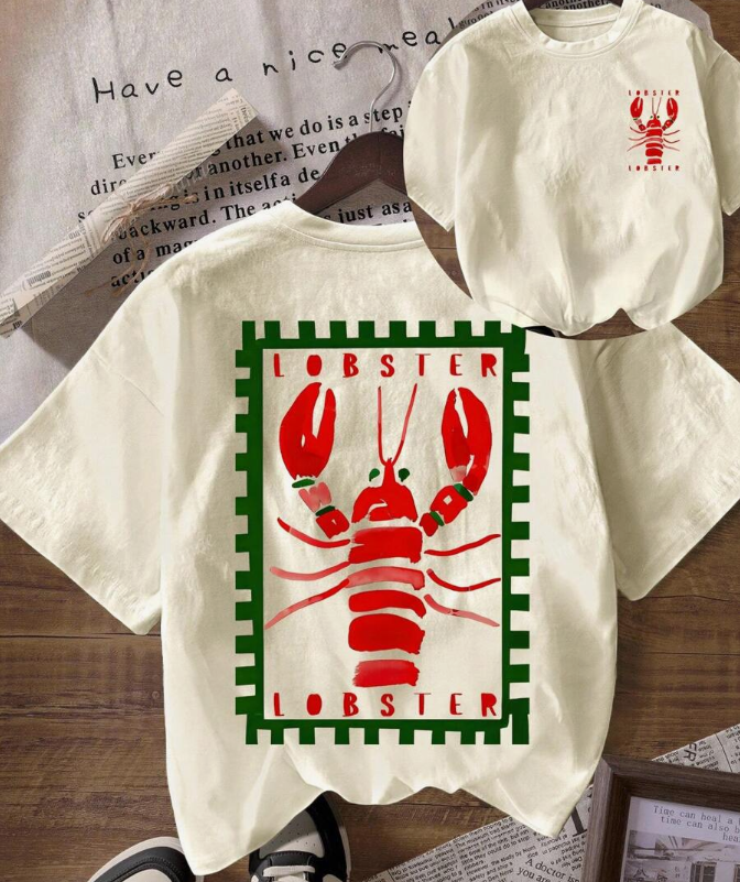 Women's Casual Crew Neck Short Sleeve Lobster Print T-Shirt, Summer Going Out