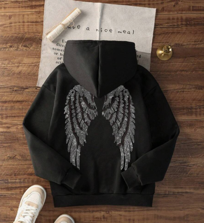 Black Angel Wings Rhinestone Hoodie – Women’s Casual Loose Fit Fleece Pullover